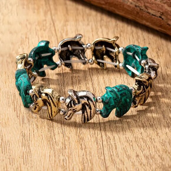 Boho Horse Charm Bracelet Teal Green & Silver Tone Equestrian Style Jewelry - Picture 2 of 3